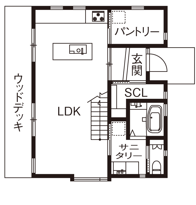 優建築工房 【20坪台・間取り図あり・勾配天井】まるで平屋のよう。大きな勾配天井と緑を愉しむ住まいの間取り図（3LDK）1階