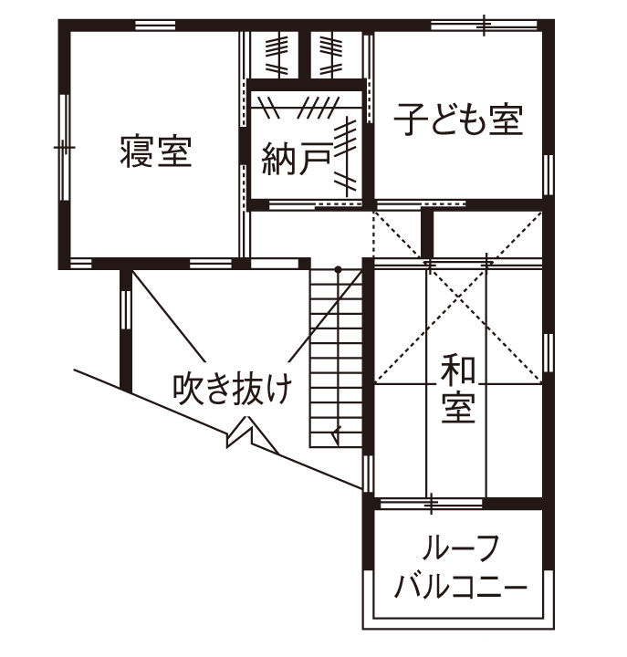 優建築工房 【20坪台・間取り図あり・勾配天井】まるで平屋のよう。大きな勾配天井と緑を愉しむ住まいの間取り図（3LDK）2階