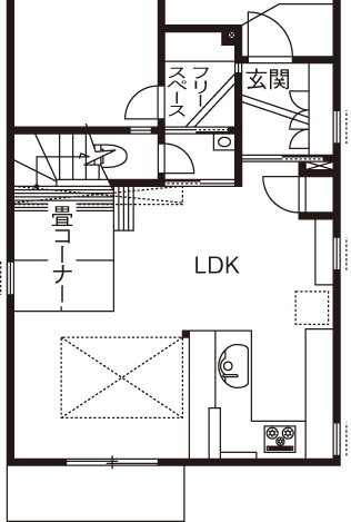 優建築工房 【20坪台・吹き抜け・狭小・2台分ガレージ】吹き抜けにキャットウォーク。光と風が心地よい広がりを感じるの間取り図null1階