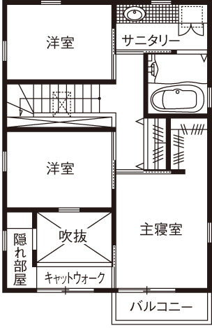 優建築工房 【20坪台・吹き抜け・狭小・2台分ガレージ】吹き抜けにキャットウォーク。光と風が心地よい広がりを感じるの間取り図null2階