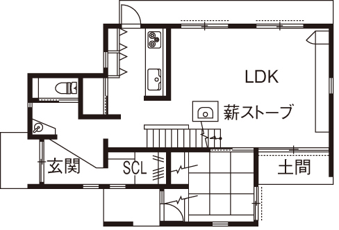 優建築工房 【30坪台・京町家・土間】憧れの京町家をイメージした和モダン。薪ストーブがアクセントになる空間の間取り図null1階