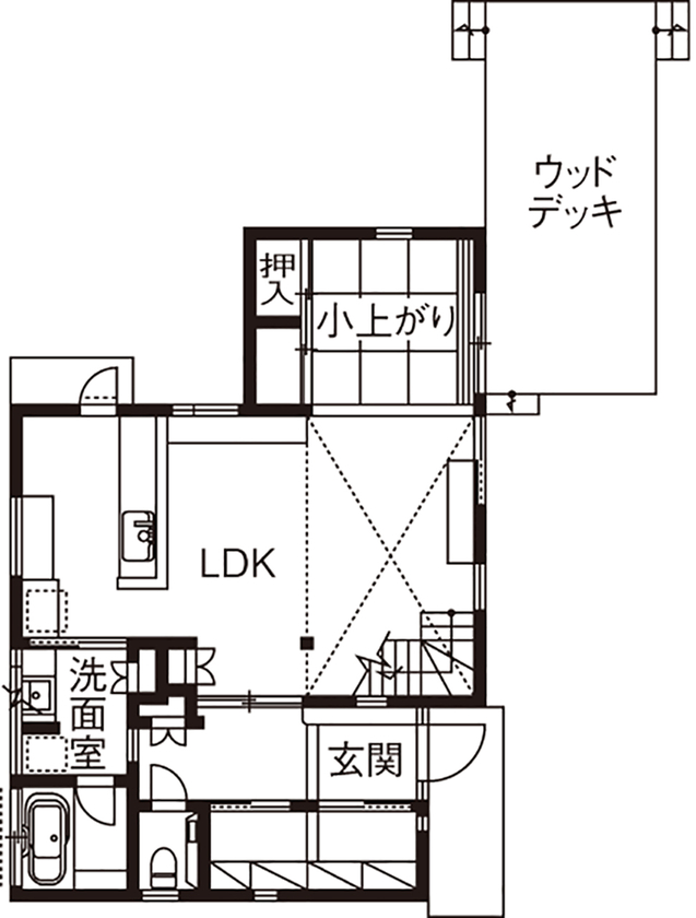 優建築工房 【30坪台/吹抜け/家事動線/間取り図】資料請求から12年越しの家探し。光と風に包まれる自然素材の住まいの間取り図（3LDK）1階