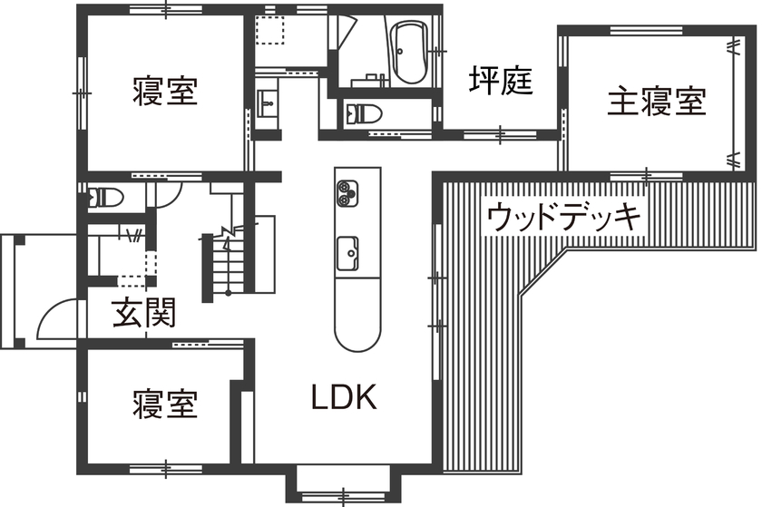 優建築工房 【2000万円台/20坪台/間取り図】コンセプトは「キャンプのできる平屋」。アウトドア派も納得の開放感の間取り図（3LDK）1階