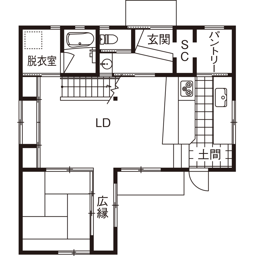 優建築工房 【2000万円台/20坪台/間取り図】子供たちと横並びの食事の時間が幸せ。 蔵をイメージした和モダンスタイルの間取り図（3LDK）1階