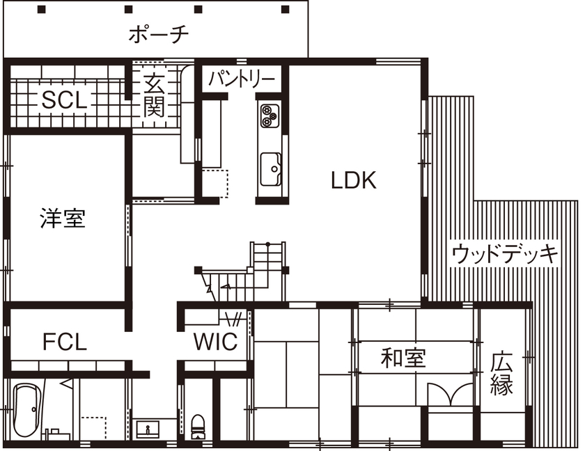 優建築工房 【3100万円台/40坪台/間取り図/平屋】デッキや広縁で家族団らんを楽しめる無垢材の平屋の間取り図（3LDK）1階