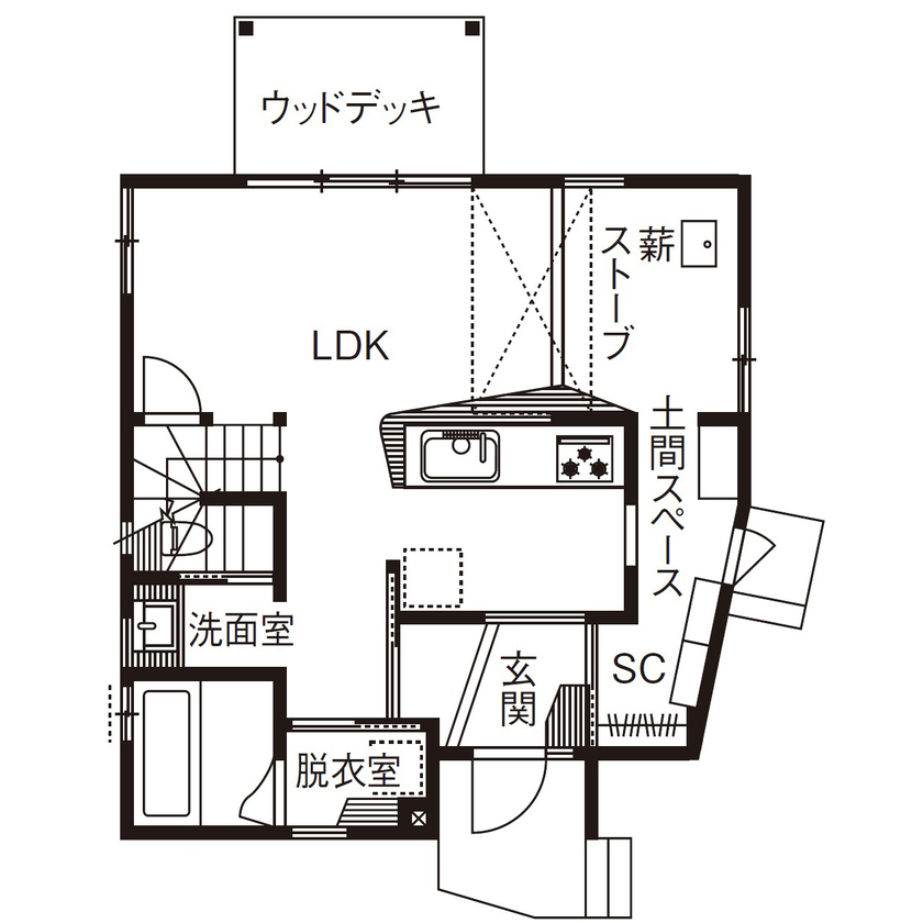 優建築工房 【2000万円台/30坪台/間取り】檜の床にゴロっと寝転がり、薪ストーブの炎を眺める。それだけで幸せな暮らしの間取り図（3LDK）1階