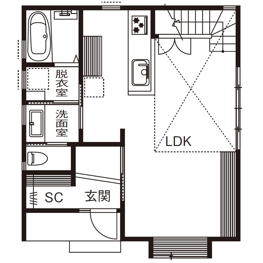 優建築工房 【2000万円台/20坪台/間取り図】眺めのいいリビングの窓辺に造作のベンチで珈琲を楽しめる暮らしの間取り図（3LDK）1階