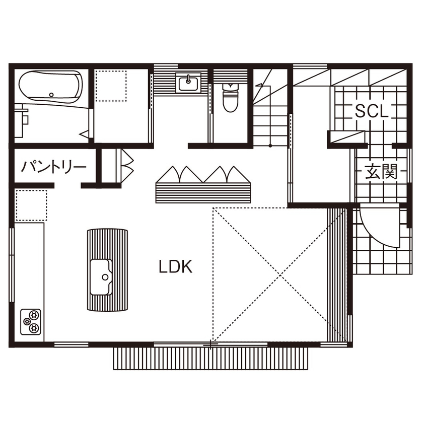 優建築工房 【2000万円台/29坪台/吹き抜け/借景】 庭と縁台デッキが暮らしを彩る、風情豊かな住まいの間取り図（2LDK）1階