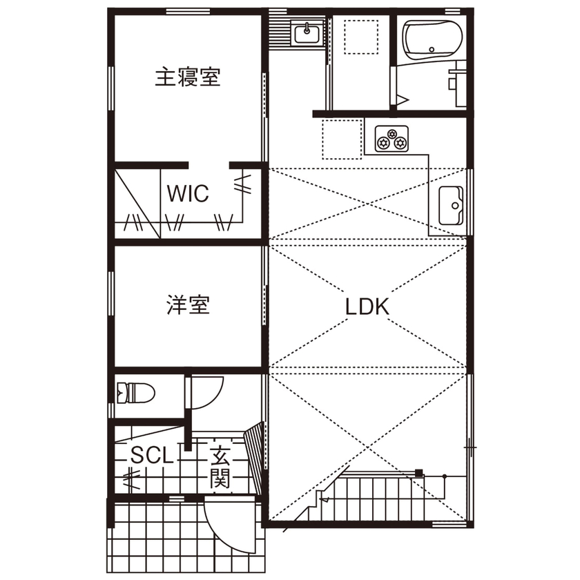 優建築工房 【1000万円台/25坪台/平屋風】 勾配天井と小屋裏空間が広がりを生む、端正な住まいの間取り図（4LDK）1階