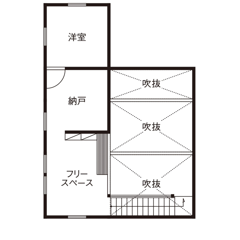 優建築工房 【1000万円台/25坪台/平屋風】 勾配天井と小屋裏空間が広がりを生む、端正な住まいの間取り図（4LDK）2階
