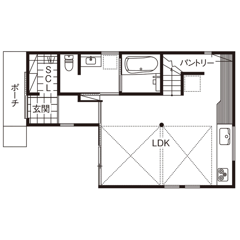 優建築工房 【1000万円台/23坪台/吹き抜け/住宅密集地】南西に開いた、光と風と素材美が響き合う上質な住まいの間取り図（1LDK）1階