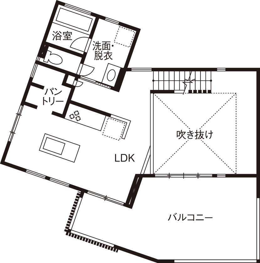 矢島建設工業 【2500～2999万円／吹抜け・3階建て】変形の間取りから生まれる程よい距離感。お手本は海外インテリアの間取り図（4LDK）2階