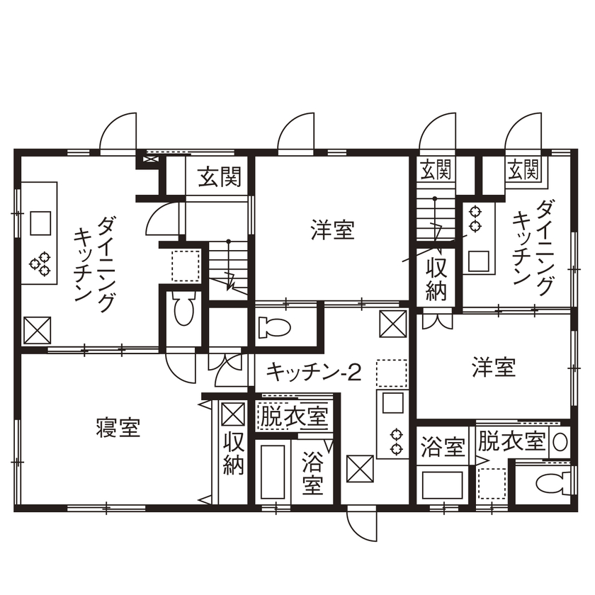 矢島建設工業 【3世帯＋賃貸併用／木造耐火建築】空間をくまなく活かして、それぞれが快適に住う多世帯住宅＜間取り有＞の間取り図（2LDK＋2DK＋K＋賃貸）1階