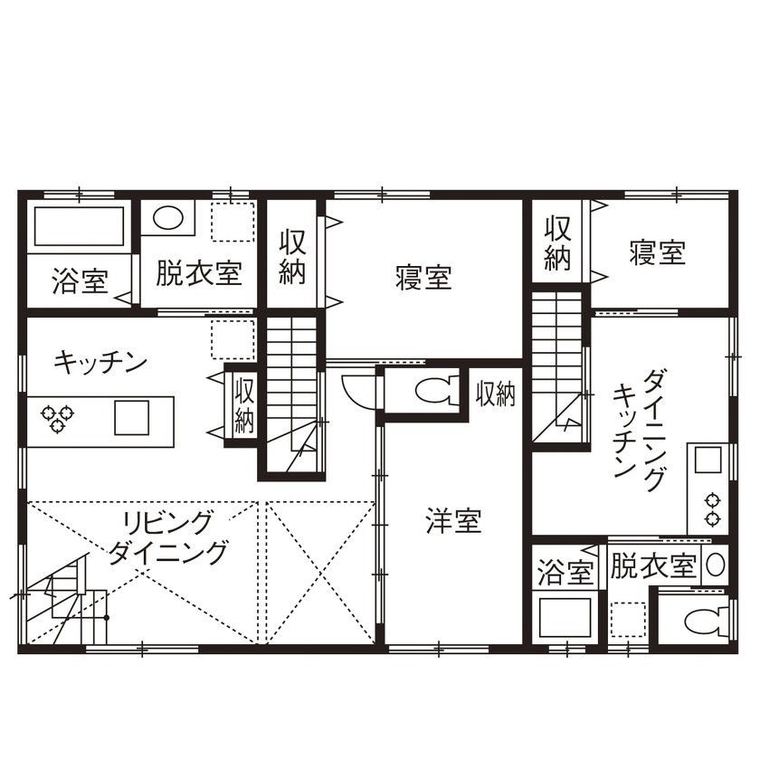 矢島建設工業 【3世帯＋賃貸併用／木造耐火建築】空間をくまなく活かして、それぞれが快適に住う多世帯住宅＜間取り有＞の間取り図（2LDK＋2DK＋K＋賃貸）2階
