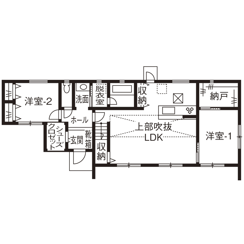 矢島建設工業 【1700万円｜平屋｜ロフト｜22.4坪】開放感と機能性を叶えてワンフロアでゆったり暮らすの間取り図（2LDK+小屋裏収納）1階