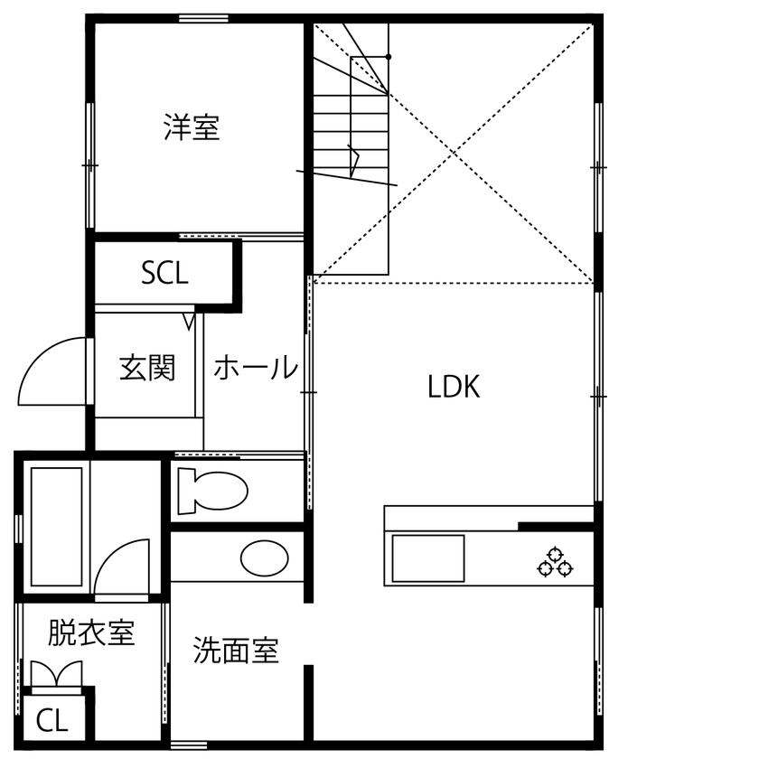 エソラ（アプローズデザイン） 【西宮市／2500～3000万円／間取り図有】光が降り注ぐ吹き抜けと大開口。木のぬくもりに包まれる住まいの間取り図（４LDK＋F）1階