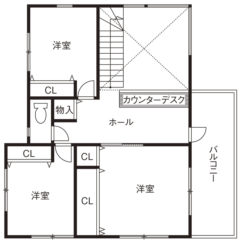 エソラ（アプローズデザイン） 【西宮市／2500～3000万円／間取り図有】光が降り注ぐ吹き抜けと大開口。木のぬくもりに包まれる住まいの間取り図（４LDK＋F）2階