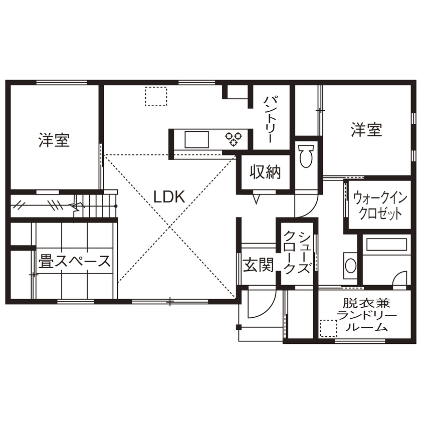 CASA LABO（カーサラボ） by ショーナン・ホーム 【日進市｜焼杉の平屋｜30坪台の間取り】暑さ、寒さを解消！体にやさしくて省エネな【ECOボード】の家の間取り図（2LDK＋畳スペース）１階