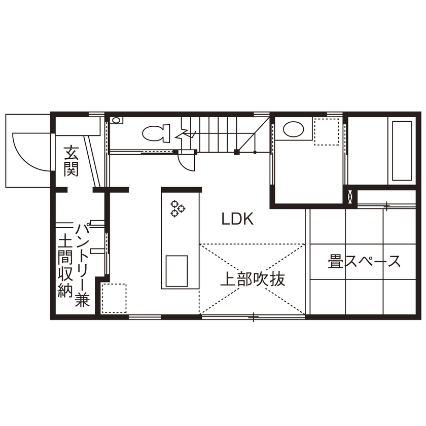 CASA LABO（カーサラボ） by ショーナン・ホーム 【30坪未満の2階建て｜猫と暮らす家】“広さの基準”が変わる？！変化する間取りがスゴイ【ECOボード】の家の間取り図（1LDK＋フリースペース）１階