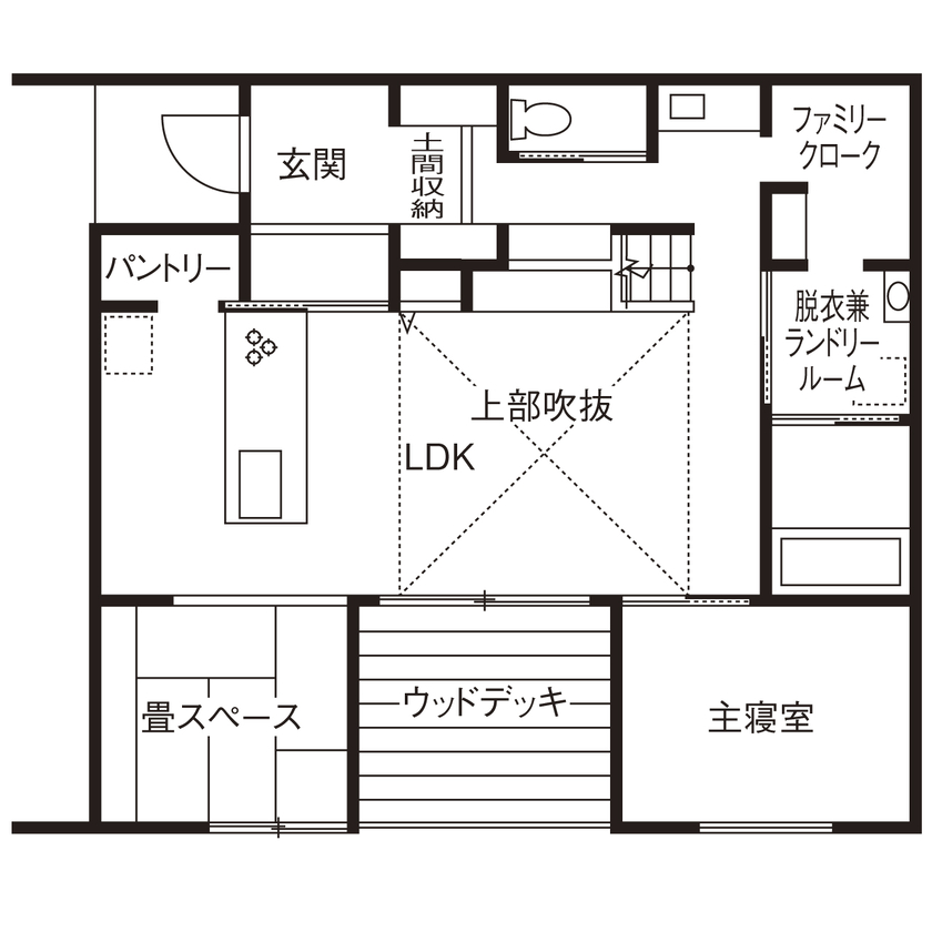 CASA LABO（カーサラボ） by ショーナン・ホーム 【瀬戸市｜30坪台】ヒノキが香る吹抜リビングと平屋的な間取りが◎ 高気密・高断熱な【ECOボード】の家の間取り図（3LDK＋畳スペース）１階