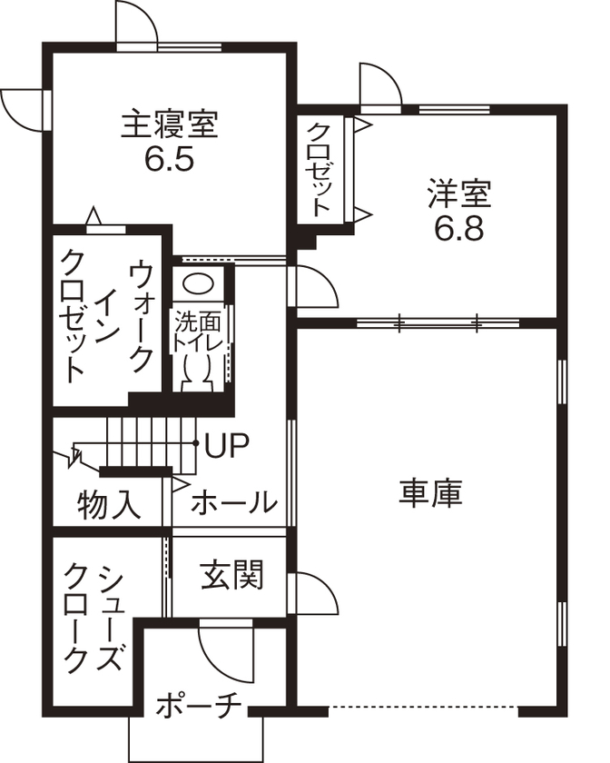 イワクラホーム 【夫婦＋子ども３人/4LDK間取り図/収納充実/趣味部屋】室内からも車が愛でられるビルトインガレージハウスの間取り図（4LDK）１階