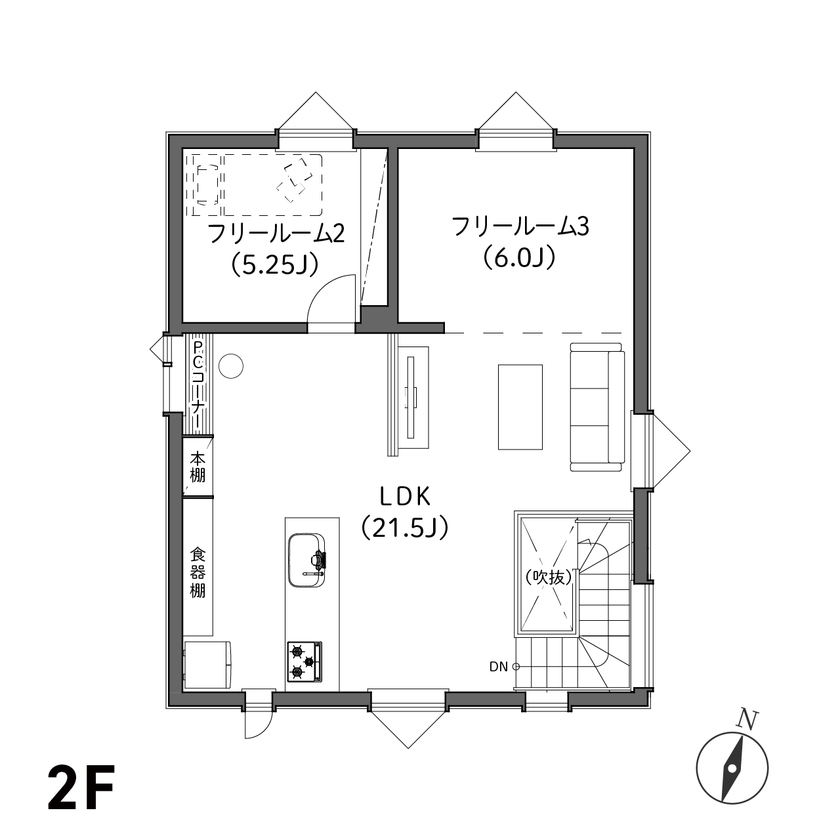 イワクラホーム 【札幌市/2階リビング/3LDK間取図有】20代の夫婦が建てたオープンな2階リビングの家の間取り図（3LDK）2階