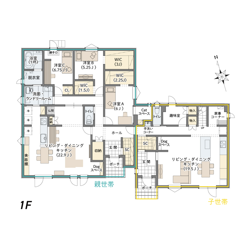 イワクラホーム 【苫小牧市／二世帯／親世帯は平屋】二家族の要望を叶えた分離型二世帯住宅の間取り図（6LDK）1階
