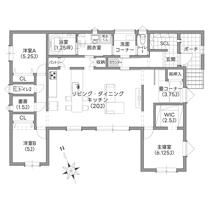 イワクラホーム [室蘭市/3LDK/3人家族]回遊動線×家事ラク設計！忙しい共働き夫婦が選んだ平屋の住まいの間取り図（3LDK）1階