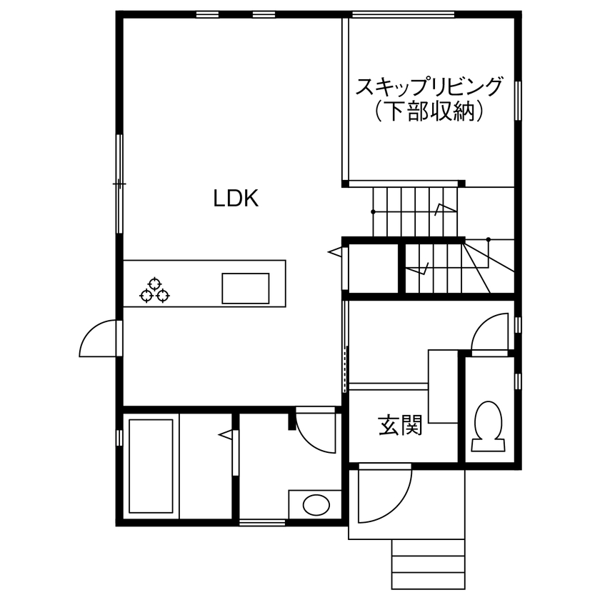 アローラホーム 【堺市・1610万円・土地探し・間取り図有】オープンキッチンや中２階から、リビングで遊ぶ子供を見守れる家の間取り図（4LDK）1階