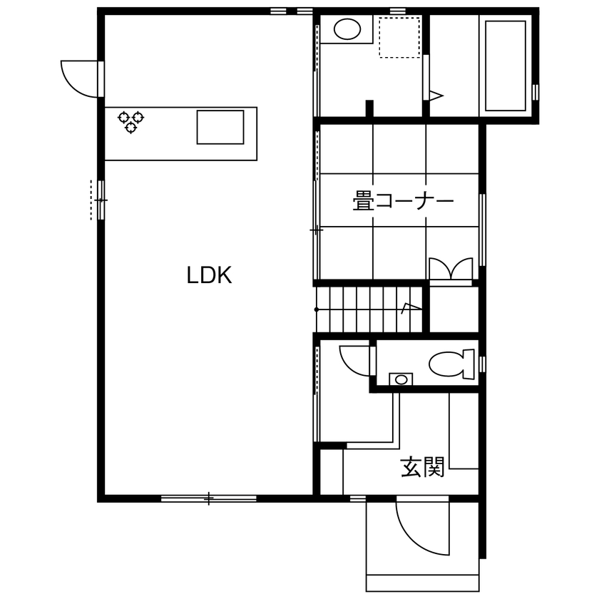 アローラホーム 【堺市・1000万円台・土地探し・間取り図有】カフェスタイルのキッチンで一息、愛猫と過ごす至福のリビングの間取り図（3LDK+畳コーナー）1階