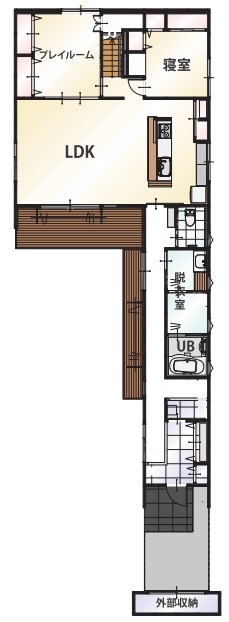 エムズアソシエイツ 【平屋風/52.9坪/間取り図】27m長屋根の二世帯住宅。家族との距離感を保つ工夫のある平屋風和モダンの家の間取り図（6LDK）１階