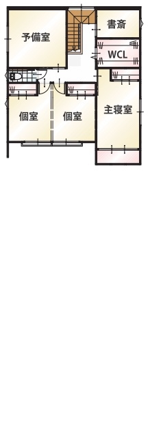 エムズアソシエイツ 【平屋風/52.9坪/間取り図】27m長屋根の二世帯住宅。家族との距離感を保つ工夫のある平屋風和モダンの家の間取り図（6LDK）２階