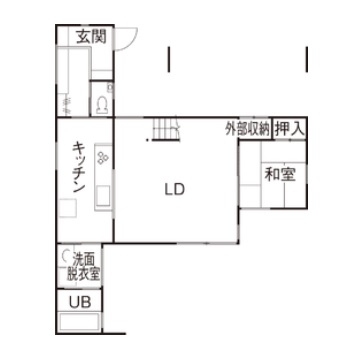 エムズアソシエイツ  【31.5坪/間取り図】高気密高断熱の快適性＋木製サッシ＋自然素材＋造作家具、外と繋がる開放感あふれる家 の間取り図（3LDK）1階
