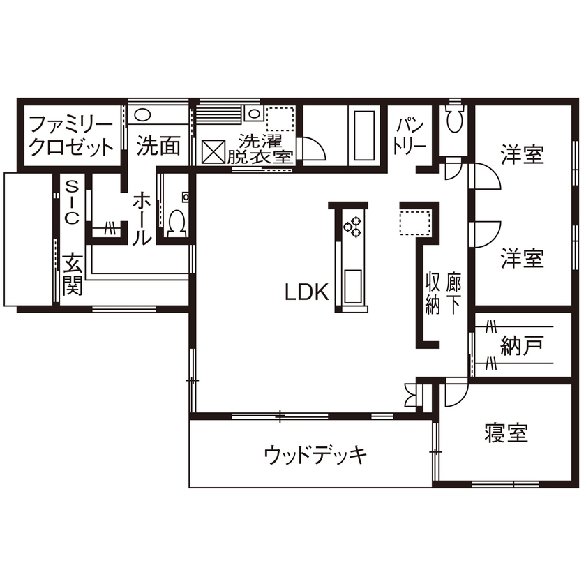 ROOTS 【越谷市/平屋/30坪/2000万円台/間取り図】家族が顔を合わせやすく、家じゅうを回遊できる便利な動線の家の間取り図（2LDK）1階