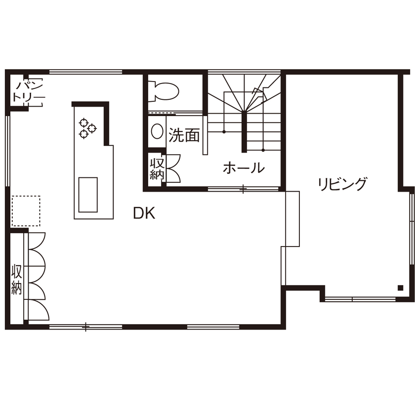 ROOTS 【越谷市/3階建て/間取り図】22.9坪の狭小地とは思えないほど広く開放的！ルーフバルコニー付きの住まいの間取り図（3LDK）2階