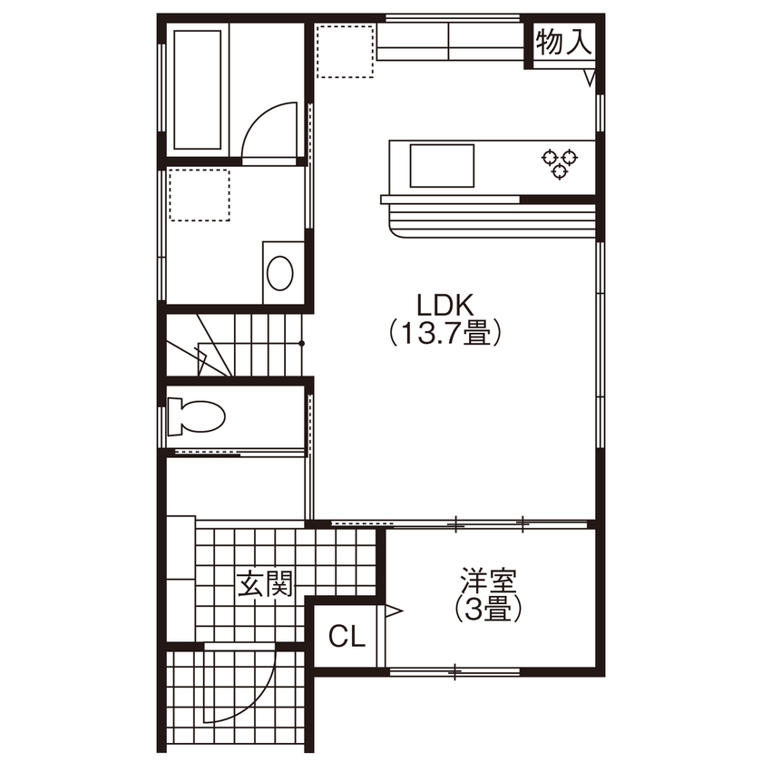 高松工業 【1000万円台/27.5坪】限られた広さでも部屋数はしっかり確保し4LDKに。収納充実、ステキな白いキッチン！の間取り図（4LDK）1階