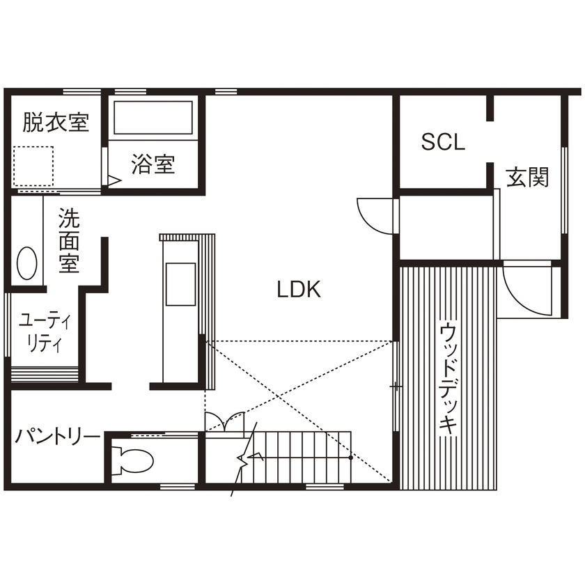 studio＊mag（スタジオマグ） 【1000万円台/32坪/間取り図/ウッドデッキ】ベースプランをカスタム!休日はパラソルを広げて外ごはんを満喫の間取り図（3LDK）1階