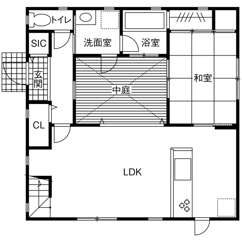 studio＊mag（スタジオマグ） 【1000万円台/33坪/間取り図/中庭】プール遊びもBBQも思い切り満喫！ライトコートの開放感を365日楽しむ家の間取り図（4LDK）1階