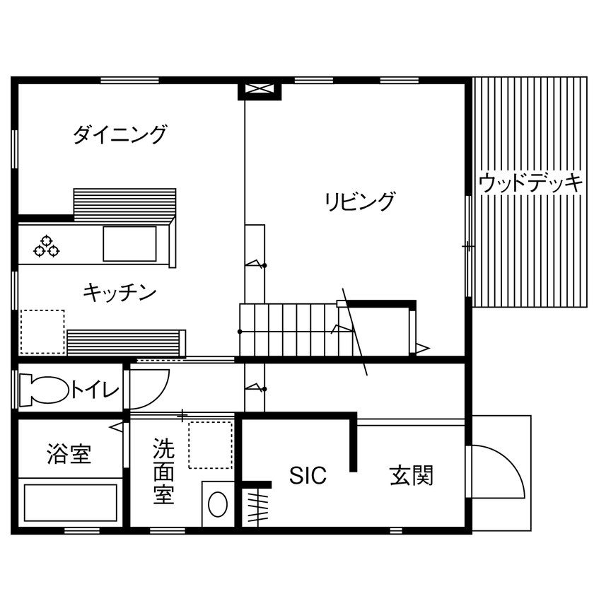 studio＊mag（スタジオマグ） 【1000万円台/32坪/間取り図/ウッドデッキ・スキップフロア】シンプルなキューブの中身は個性と楽しさ満載!の間取り図（4LDK）1階