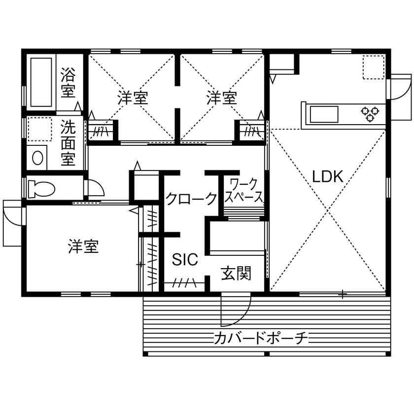studio＊mag（スタジオマグ） 【1000万円台/24坪/間取り図/フラットハウス】ウッドデッキが開放的！コンパクトでお洒落な西海岸スタイルの間取り図（3LDK）1階