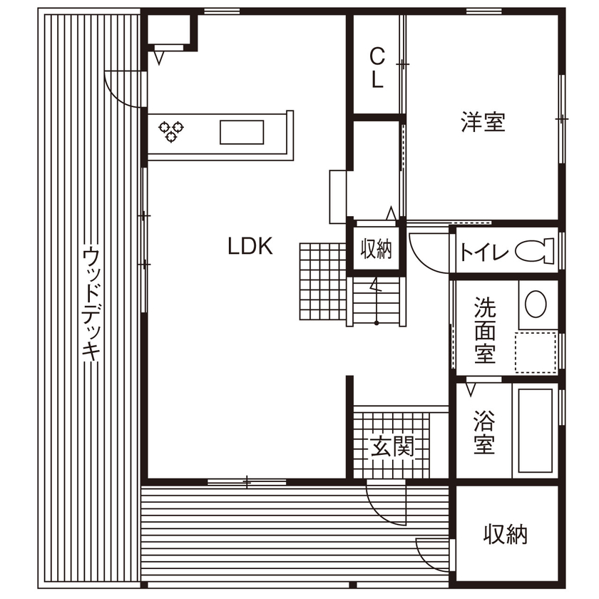 studio＊mag（スタジオマグ） 【1000万円台/28坪/平屋プラスα】吹き抜けとウッドデッキの開放感！自然を感じ暮らすロフト付き半平屋の家の間取り図（3LDK）1階