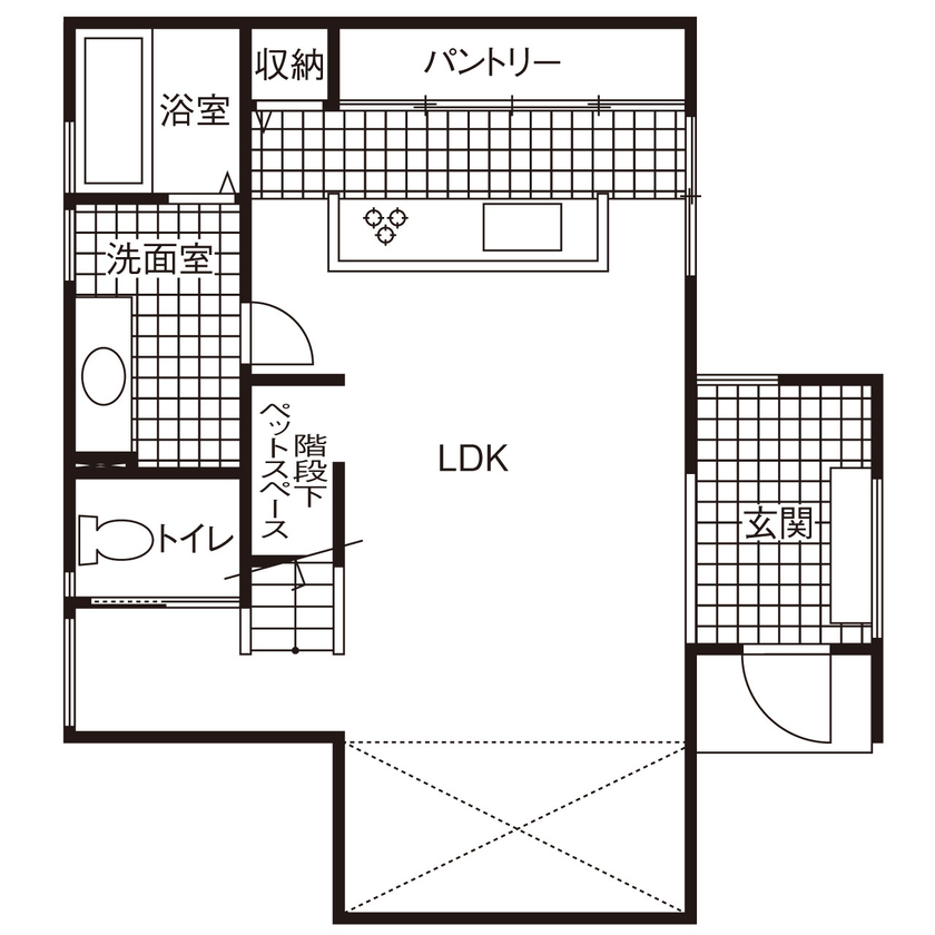 studio＊mag（スタジオマグ） 【1000万円台/31坪/間取り図/吹き抜け】シンプルなのに個性的！自分流のカッコいい家を自由設計＆予算内での間取り図（2LDK）1階