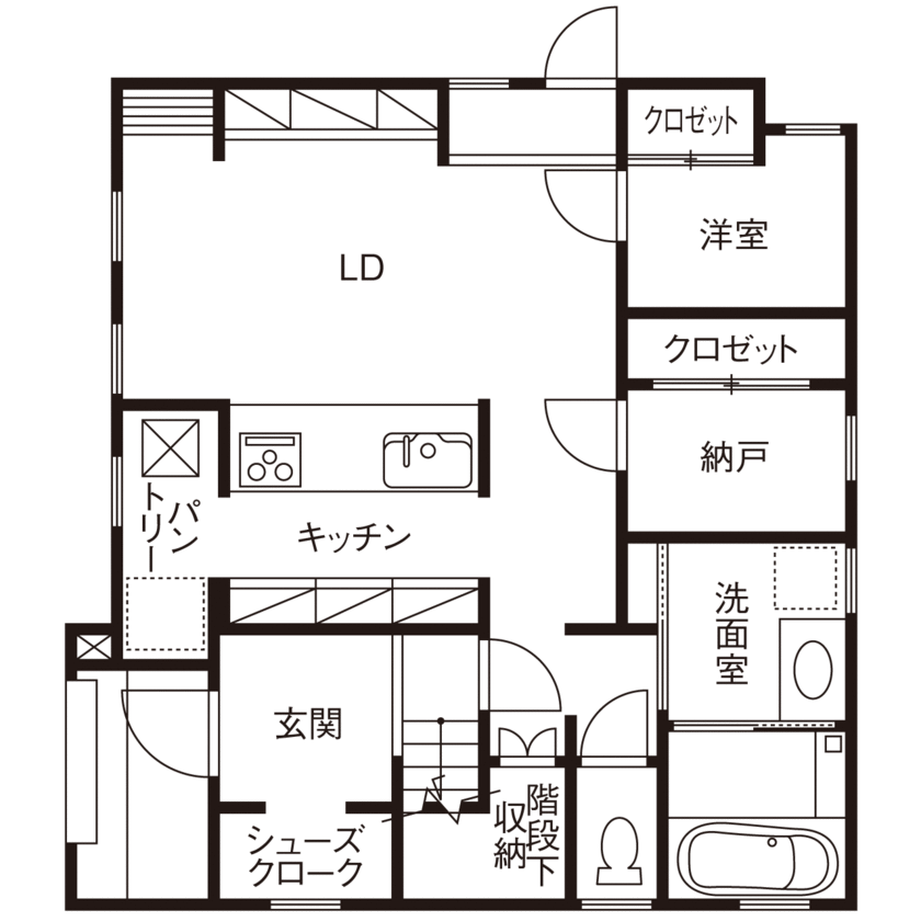 ハスカーサ　ポラスグループ 【4000万円台/二世帯住宅/完全分離型/間取り図あり】エーゲ海の街並みを彷彿とさせる美しい白い3階建ての家の間取り図（1LDK+1LDK）1階親世帯