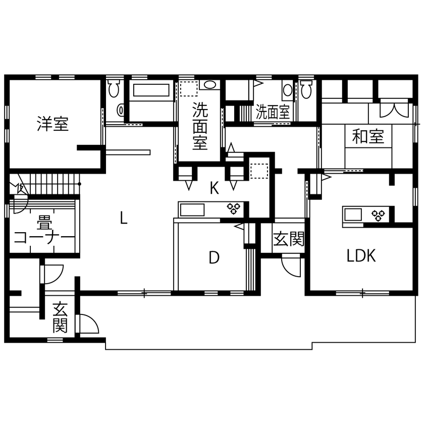 花みずき工房 【静岡｜二世帯｜南欧風｜3000万円台｜間取図あり】自然素材の経年美も楽しみ。三世代全員が快適な木の家の間取り図（5K以上）１階