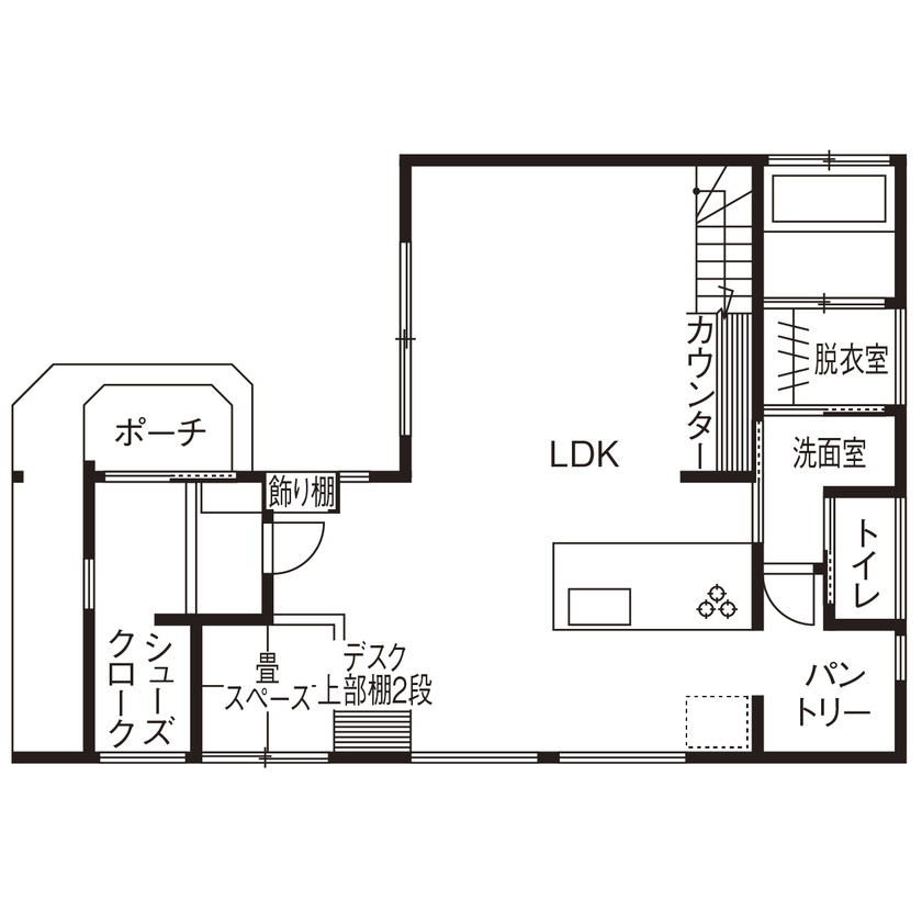 丸山建設（Ｅ‐ＨＯＭＥ一級建築士事務所） 【愛知県/2000万円台/間取図有/ビルトインガレージ】キッチンを中心にしたLDK。家事楽でオシャレな家の間取り図（4LDK）1階