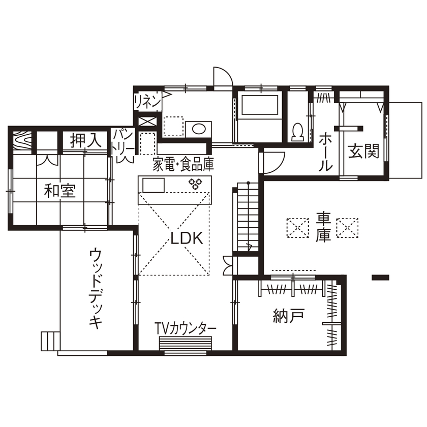 丸山建設（Ｅ‐ＨＯＭＥ一級建築士事務所） 【愛知県/3000万円台/ビルトインガレージ/間取図有】アイランドキッチンの家 夫婦で暮らすおしゃれな家の間取り図（4LDK）1階