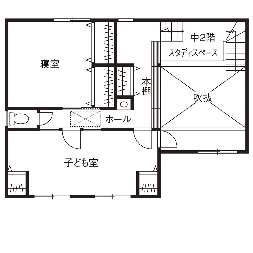 丸山建設（Ｅ‐ＨＯＭＥ一級建築士事務所） 【愛知県/2000万円台/スキップフロア/間取図】吹抜け&スキップフロアにワクワク！居心地のいいオシャレな家の間取り図（3LDK）2階