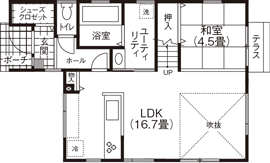 匠建(たっけん）コーポレーション 【札幌市　29.06坪　夫婦　全室床暖房】吹抜けと、注ぐ陽射しが心地よいナチュラルテイストな家の間取り図（4LDK）１階