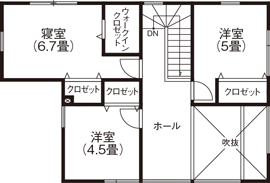 匠建(たっけん）コーポレーション 【札幌市　29.06坪　夫婦　全室床暖房】吹抜けと、注ぐ陽射しが心地よいナチュラルテイストな家の間取り図（4LDK）2階