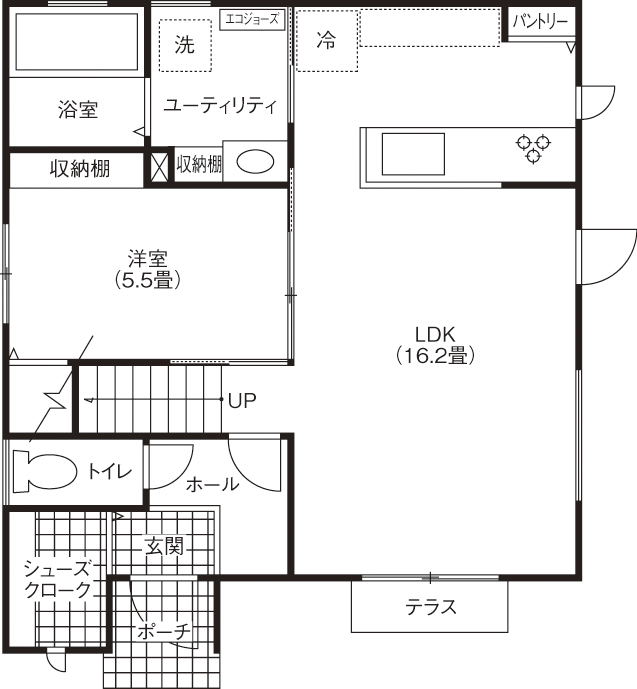 匠建(たっけん）コーポレーション 【札幌市　32.44坪　４人家族　全室床暖房】アイデア収納で室内すっきり。インテリアの色合いもモダンな家の間取り図（4LDK）１階